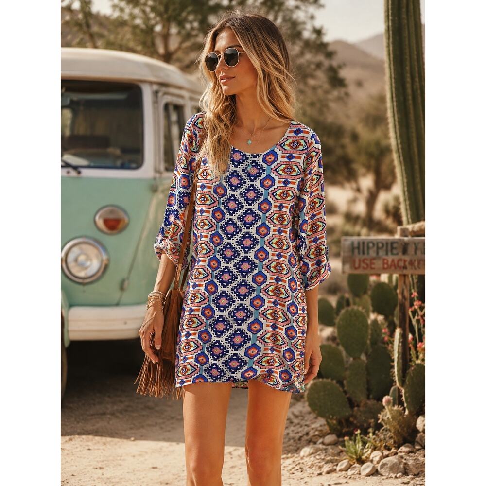 Everly Aztec Print Shift Mini Dress Roll Tab Sleeve Cream Blue S Festival